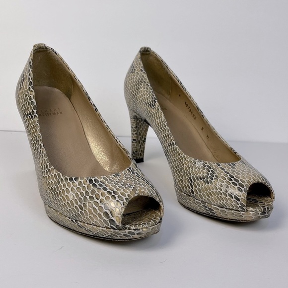Stuart Weitzman Snake Skin Peep Toe Platform Heel - Picture 2 of 10